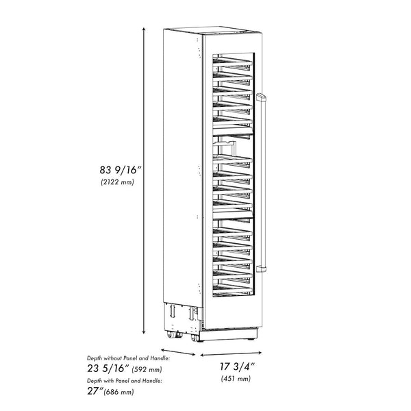 ZLINE Autograph Edition 18 in. 9.0 cu. ft. Triple Zone 68 Bottle Left Hinge Column Wine Cooler in White Matte with Champagne Bronze Accents (RCWVLZ-WM-18-CB) dimensional diagram.