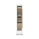 ZLINE Autograph Edition 18 in. 9.0 cu. ft. Triple Zone 68 Bottle Left Hinge Column Wine Cooler in White Matte with Champagne Bronze Accents (RCWVLZ-WM-18-CB) front, closed.