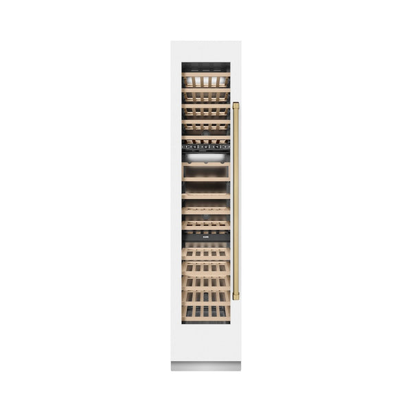 ZLINE Autograph Edition 18 in. 9.0 cu. ft. Triple Zone 68 Bottle Left Hinge Column Wine Cooler in White Matte with Champagne Bronze Accents (RCWVLZ-WM-18-CB) front, closed.