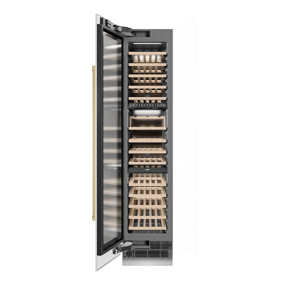 ZLINE Autograph Edition 18 in. 9.0 cu. ft. Triple Zone 68 Bottle Left Hinge Column Wine Cooler in White Matte with Champagne Bronze Accents (RCWVLZ-WM-18-CB) front, open.
