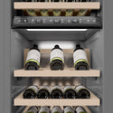 ZLINE Autograph Edition 18 in. 9.0 cu. ft. Triple Zone 68 Bottle Left Hinge Column Wine Cooler in White Matte with Polished Gold Accents (RCWVLZ-WM-18-G) close-up detail, wine storage.