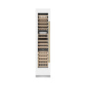 ZLINE Autograph Edition 18 in. 9.0 cu. ft. Triple Zone 68 Bottle Left Hinge Column Wine Cooler in White Matte with Polished Gold Accents (RCWVLZ-WM-18-G) front, closed.
