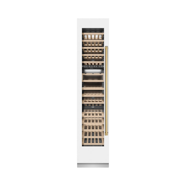 ZLINE Autograph Edition 18 in. 9.0 cu. ft. Triple Zone 68 Bottle Left Hinge Column Wine Cooler in White Matte with Polished Gold Accents (RCWVLZ-WM-18-G) front, closed.