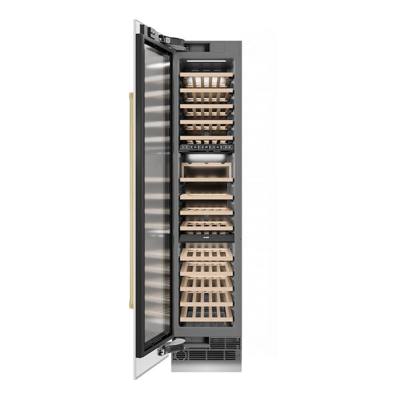 ZLINE Autograph Edition 18 in. 9.0 cu. ft. Triple Zone 68 Bottle Left Hinge Column Wine Cooler in White Matte with Polished Gold Accents (RCWVLZ-WM-18-G) front, open.