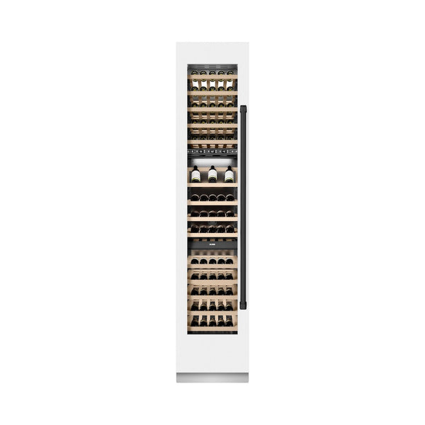 ZLINE Autograph Edition 18 in. 9.0 cu. ft. Triple Zone 68 Bottle Left Hinge Column Wine Cooler in White Matte with Matte Black Accents (RCWVLZ-WM-18-MB) front, closed, with wine on racks.