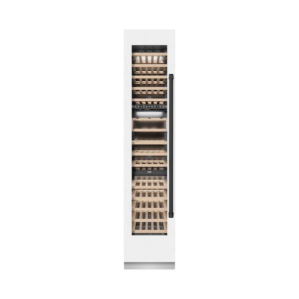 ZLINE Autograph Edition 18 in. 9.0 cu. ft. Triple Zone 68 Bottle Left Hinge Column Wine Cooler in White Matte with Matte Black Accents (RCWVLZ-WM-18-MB) front, closed.