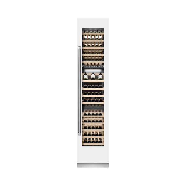 ZLINE 18 in. 9.0 cu. ft. Triple Zone 68 Bottle Right Hinge Column Wine Cooler in White Matte (RCWVR-WM-18) front, closed, with wine on racks.