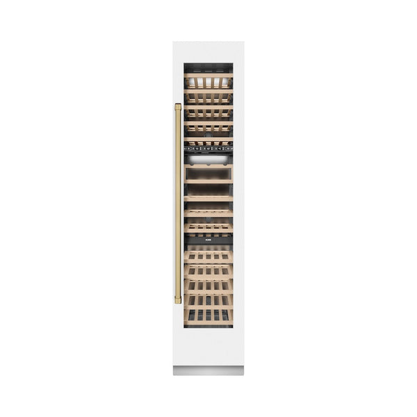 ZLINE Autograph Edition 18 in. 9.0 cu. ft. Triple Zone 68 Bottle Right Hinge Column Wine Cooler in White Matte with Champagne Bronze Accents (RCWVRZ-WM-18-CB) front, closed.