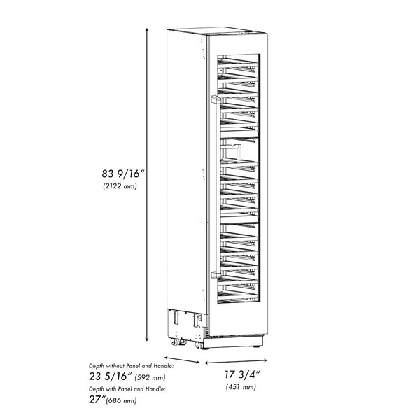 ZLINE Autograph Edition 18 in. 9.0 cu. ft. Triple Zone 68 Bottle Right Hinge Column Wine Cooler in White Matte with Polished Gold Accents (RCWVRZ-WM-18-G) dimensional diagram.