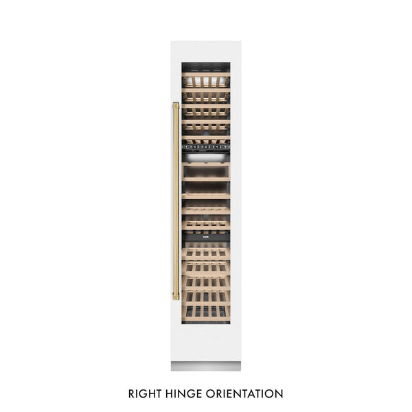 ZLINE Autograph Edition 18 in. 9.0 cu. ft. Triple Zone 68 Bottle Right Hinge Column Wine Cooler in White Matte with Polished Gold Accents (RCWVRZ-WM-18-G) front, closed.