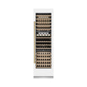 ZLINE Autograph Edition 24 in. 12.4 cu. ft. Triple Zone 100 Bottle Column Wine Cooler in White Matte and Champagne Bronze Accents (RCWVZ-WM-24-CB) front, closed, with wine on racks.
