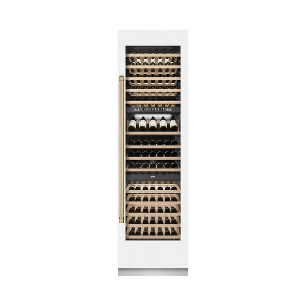 ZLINE Autograph Edition 24 in. 12.4 cu. ft. Triple Zone 100 Bottle Column Wine Cooler in White Matte and Champagne Bronze Accents (RCWVZ-WM-24-CB) front, closed, with wine on racks.