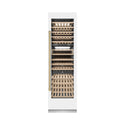ZLINE Autograph Edition 24 in. 12.4 cu. ft. Triple Zone 100 Bottle Column Wine Cooler in White Matte and Champagne Bronze Accents (RCWVZ-WM-24-CB) front, closed.