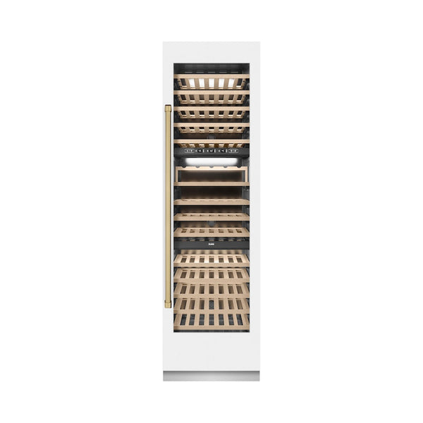 ZLINE Autograph Edition 24 in. 12.4 cu. ft. Triple Zone 100 Bottle Column Wine Cooler in White Matte and Champagne Bronze Accents (RCWVZ-WM-24-CB) front, closed.