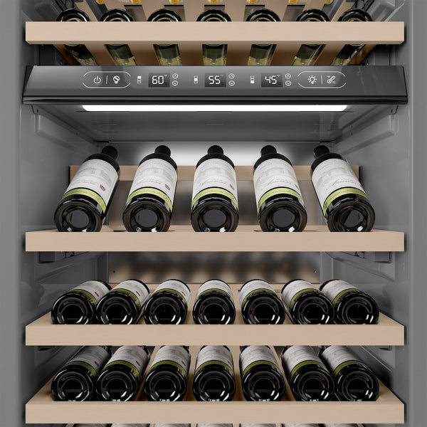 ZLINE Autograph Edition 24 in. 12.4 cu. ft. Triple Zone 100 Bottle Column Wine Cooler in White Matte and Polished Gold Accents (RCWVZ-WM-24-G) close-up detail, wine storage.