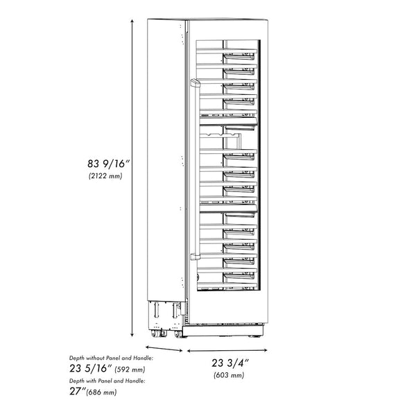 ZLINE Autograph Edition 24 in. 12.4 cu. ft. Triple Zone 100 Bottle Column Wine Cooler in White Matte and Polished Gold Accents (RCWVZ-WM-24-G) dimensional diagram.