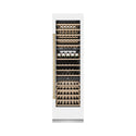 ZLINE Autograph Edition 24 in. 12.4 cu. ft. Triple Zone 100 Bottle Column Wine Cooler in White Matte and Polished Gold Accents (RCWVZ-WM-24-G) front, closed, with wine on racks.