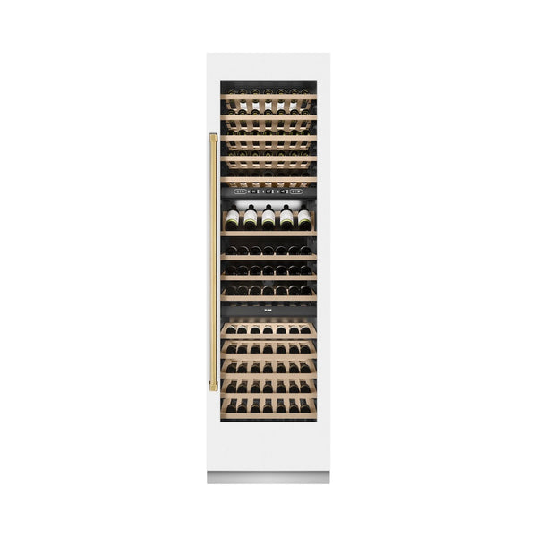ZLINE Autograph Edition 24 in. 12.4 cu. ft. Triple Zone 100 Bottle Column Wine Cooler in White Matte and Polished Gold Accents (RCWVZ-WM-24-G) front, closed, with wine on racks.