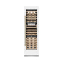 ZLINE Autograph Edition 24 in. 12.4 cu. ft. Triple Zone 100 Bottle Column Wine Cooler in White Matte and Polished Gold Accents (RCWVZ-WM-24-G) front, closed.