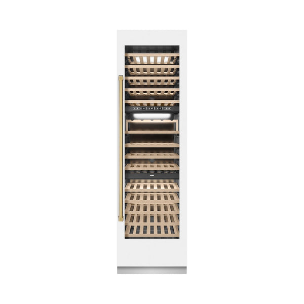 ZLINE Autograph Edition 24 in. 12.4 cu. ft. Triple Zone 100 Bottle Column Wine Cooler in White Matte and Polished Gold Accents (RCWVZ-WM-24-G) front, closed.
