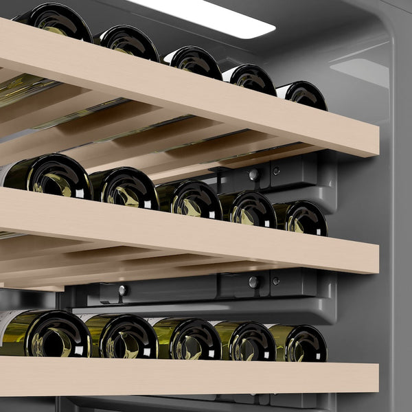 ZLINE Autograph Edition 24 in. 12.4 cu. ft. Triple Zone 100 Bottle Column Wine Cooler in White Matte and Matte Black Accents (RCWVZ-WM-24-MB) close-up detail, gray interior.
