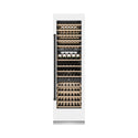 ZLINE Autograph Edition 24 in. 12.4 cu. ft. Triple Zone 100 Bottle Column Wine Cooler in White Matte and Matte Black Accents (RCWVZ-WM-24-MB) front, closed, with wine on racks.