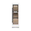 ZLINE Autograph Edition 24 in. 12.4 cu. ft. Triple Zone 100 Bottle Column Wine Cooler in White Matte and Matte Black Accents (RCWVZ-WM-24-MB) front, closed.