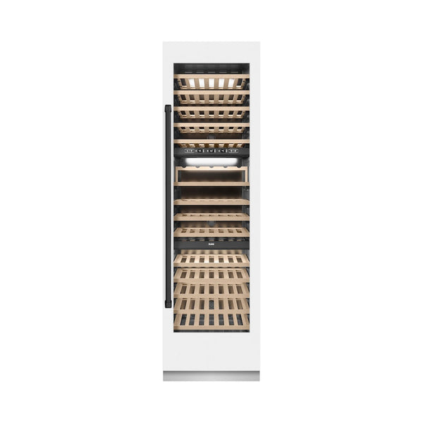 ZLINE Autograph Edition 24 in. 12.4 cu. ft. Triple Zone 100 Bottle Column Wine Cooler in White Matte and Matte Black Accents (RCWVZ-WM-24-MB) front, closed.