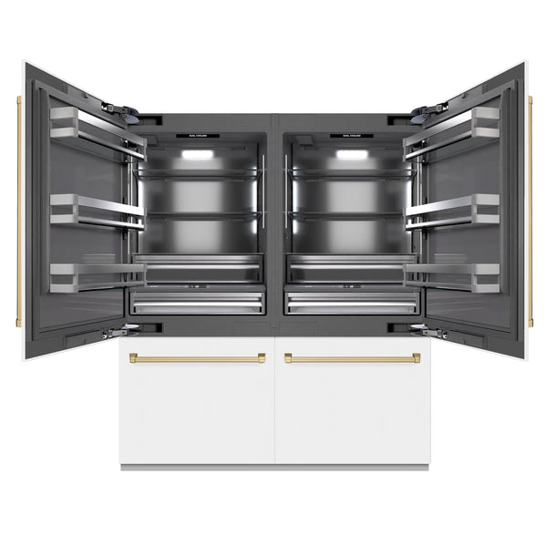 ZLINE Autograph Edition 72 in. 39.6 cu. ft. French Door Built-In Bottom Freezer Refrigerator with Water Dispensers and Ice Makers in White Matte with Graphite Gray Interior and Champagne Bronze Accents (GRBITZ-WM-72-CB)