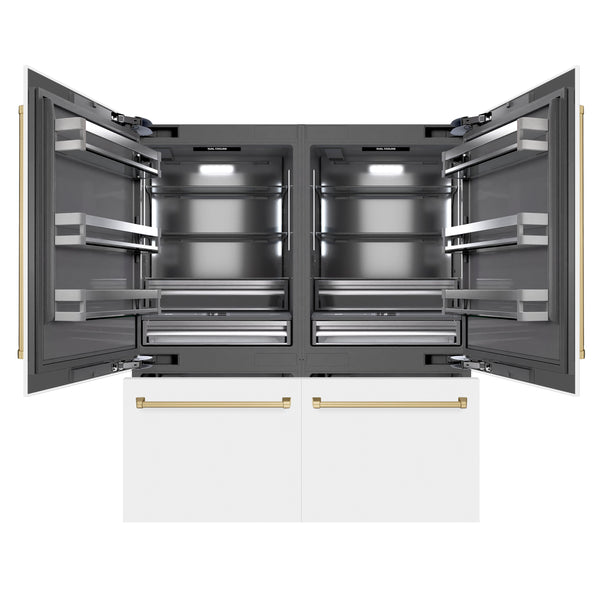 ZLINE Autograph Edition 72 in. 39.6 cu. ft. French Door Built-In Bottom Freezer Refrigerator with Water Dispensers and Ice Makers in White Matte with Graphite Gray Interior and Champagne Bronze Accents (GRBITZ-WM-72-CB)