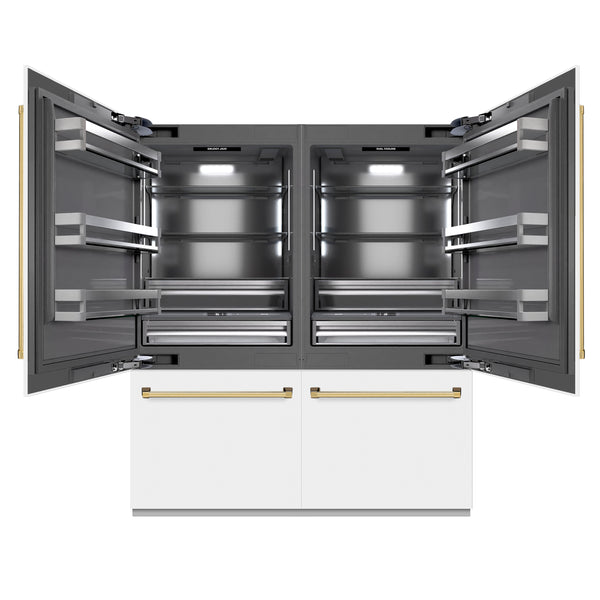 ZLINE Autograph Edition 72 in. 39.6 cu. ft. French Door Built-In Bottom Freezer Refrigerator with Water Dispensers and Ice Makers in White Matte with Graphite Gray Interior and Polished Gold Accents (GRBITZ-WM-72-G)