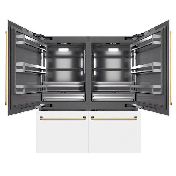ZLINE Autograph Edition 72 in. 39.6 cu. ft. French Door Built-In Bottom Freezer Refrigerator with Water Dispensers and Ice Makers in White Matte with Graphite Gray Interior and Polished Gold Accents (GRBITZ-WM-72-G)