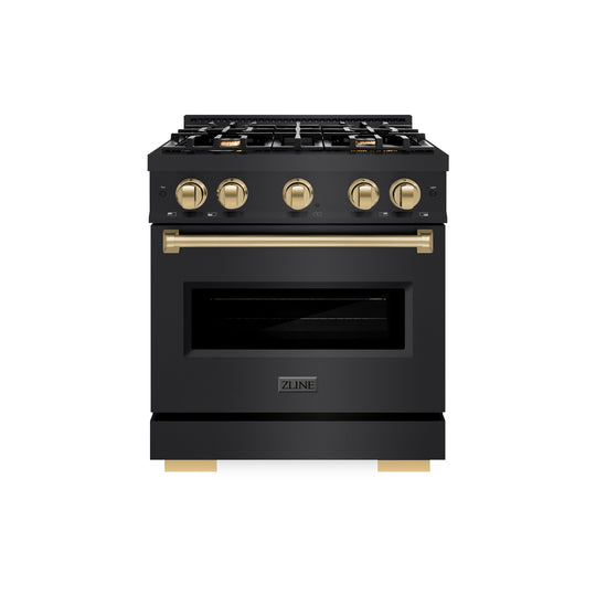 ZLINE Autograph Edition 30 in. 4.2 cu. ft. Classic Gas Range with 4 Burner Cooktop and Convection Gas Oven in Black Stainless Steel and Champagne Bronze Accents (CGRBZ-30-CB)