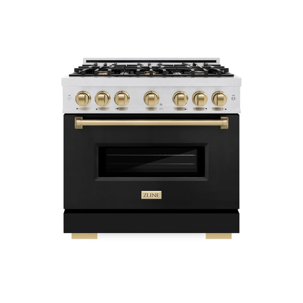 ZLINE Autograph Edition 36 in. 5.2 cu. ft. Classic Gas Range with 6 Burner Cooktop and Convection Gas Oven in Satin Stainless Steel with Black Matte Door and Champagne Bronze Accents (CGRSZ-BLM-36-CB)