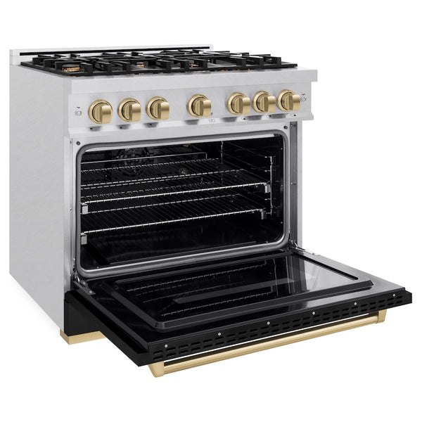 ZLINE Autograph Edition 36 in. 5.2 cu. ft. Classic Gas Range with 6 Burner Cooktop and Convection Gas Oven in Satin Stainless Steel with Black Matte Door and Champagne Bronze Accents (CGRSZ-BLM-36-CB)