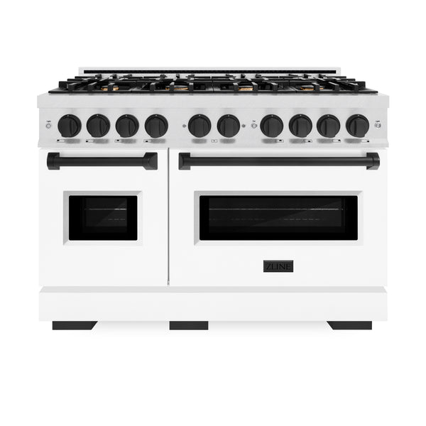 ZLINE Autograph Edition 48 in. 6.7 cu. ft. Classic Double Oven Gas Range with 8 Burner Cooktop in Satin Stainless Steel with White Matte Doors and Matte Black Accents (CGRSZ-WM-48-MB)