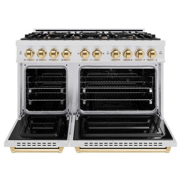 ZLINE Autograph Edition 48 in. 6.7 cu. ft. Classic Double Oven Gas Range with 8 Burner Cooktop in Satin Stainless Steel and Polished Gold Accents (CGRSZ-48-G)