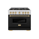 ZLINE Autograph Edition 36 in. 5.2 cu. ft. Classic Gas Range with 6 Burner Cooktop and Convection Gas Oven in Stainless Steel with Black Matte Door and Polished Gold Accents (CGRZ-BLM-36-G)