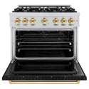 ZLINE Autograph Edition 36 in. 5.2 cu. ft. Classic Gas Range with 6 Burner Cooktop and Convection Gas Oven in Stainless Steel with Black Matte Door and Polished Gold Accents (CGRZ-BLM-36-G)