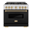 ZLINE Autograph Edition 36 in. 5.2 cu. ft. Classic Gas Range with 6 Burner Cooktop and Convection Gas Oven in Stainless Steel with Black Matte Door and Polished Gold Accents (CGRZ-BLM-36-G)