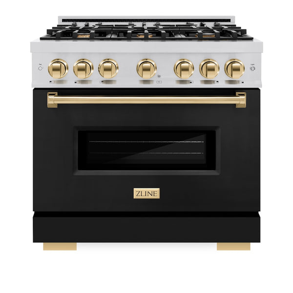 ZLINE Autograph Edition 36 in. 5.2 cu. ft. Classic Gas Range with 6 Burner Cooktop and Convection Gas Oven in Stainless Steel with Black Matte Door and Polished Gold Accents (CGRZ-BLM-36-G)