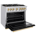 ZLINE Autograph Edition 36 in. 5.2 cu. ft. Classic Gas Range with 6 Burner Cooktop and Convection Gas Oven in Stainless Steel with Black Matte Door and Polished Gold Accents (CGRZ-BLM-36-G)