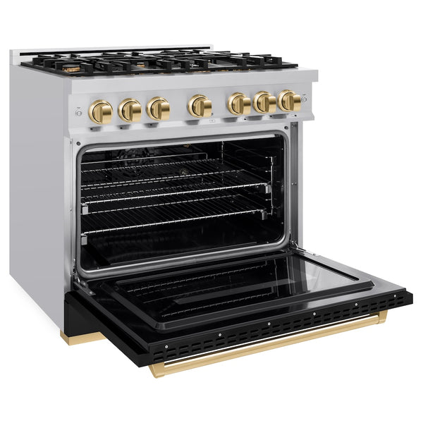 ZLINE Autograph Edition 36 in. 5.2 cu. ft. Classic Gas Range with 6 Burner Cooktop and Convection Gas Oven in Stainless Steel with Black Matte Door and Polished Gold Accents (CGRZ-BLM-36-G)