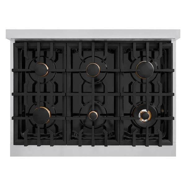 ZLINE Autograph Edition 36 in. 5.2 cu. ft. Classic Gas Range with 6 Burner Cooktop and Convection Gas Oven in Stainless Steel with Black Matte Door and Polished Gold Accents (CGRZ-BLM-36-G)