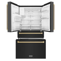 ZLINE Autograph Edition 36 in. 21.6 cu. ft Counter-Depth French Door Refrigerator with Water and Ice Dispenser in Fingerprint-Resistant Black Stainless Steel with Champagne Bronze Traditional Handles (RFMZ-W-36-BS-CB)
