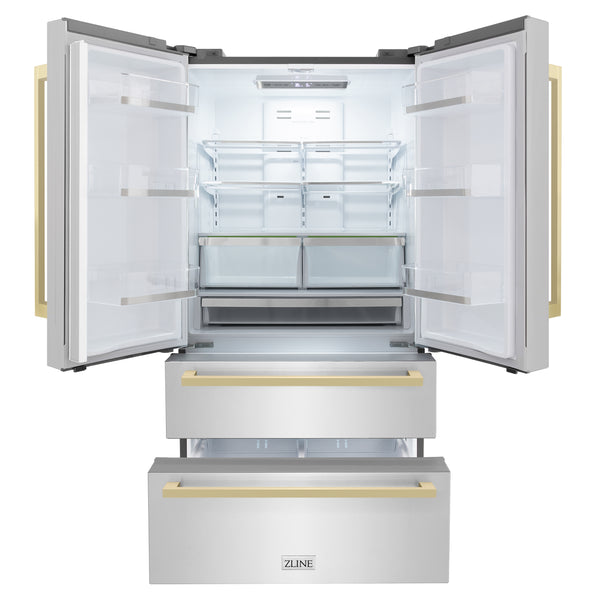 ZLINE Autograph Edition 36 in. 22.5 cu. ft. Counter-Depth French Door Refrigerator with Ice Maker in Fingerprint-Resistant Stainless Steel with Champagne Bronze Modern Handles (RFMZ-36-FCB)