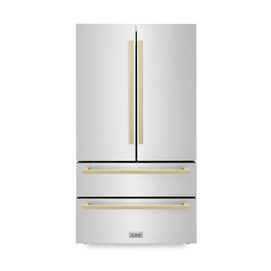 ZLINE Autograph Edition 36 in. 22.5 cu. ft. Counter-Depth French Door Refrigerator with Ice Maker in Fingerprint-Resistant Stainless Steel with Champagne Bronze Modern Handles (RFMZ-36-FCB)