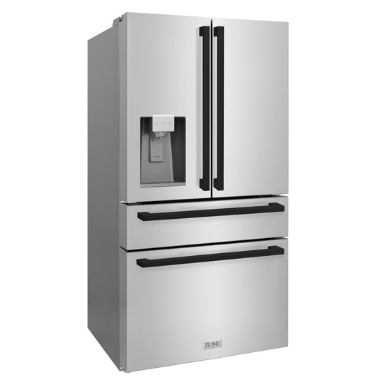 ZLINE Autograph Edition 36 in. 21.6 cu. ft. Counter-Depth French Door Refrigerator with Water and Ice Dispenser in Fingerprint-Resistant Stainless Steel with Matte Black Modern Handles (RFMZ-W-36-FMB)