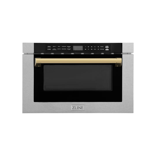 ZLINE Autograph Edition 24 in. 1.2 cu. ft. Built-in Microwave Drawer with a Traditional Handle in Satin Stainless Steel and Polished Gold Accents (MWDZ-1-SS-H-G)