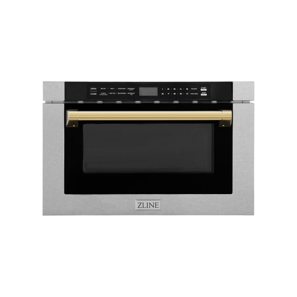 ZLINE Autograph Edition 24 in. 1.2 cu. ft. Built-in Microwave Drawer with a Traditional Handle in Satin Stainless Steel and Polished Gold Accents (MWDZ-1-SS-H-G)